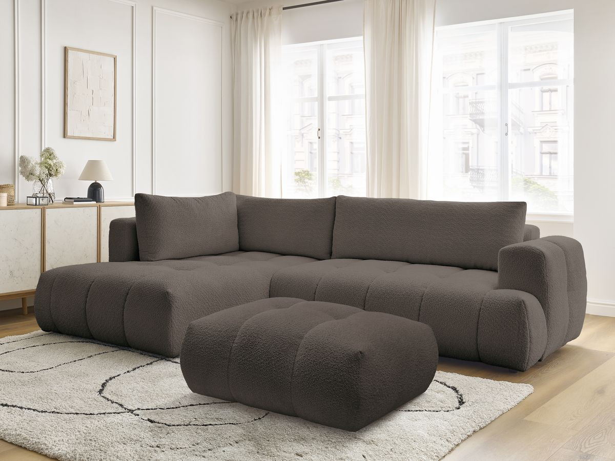 Bobochic Fuji Ecksofa mit Schlaffunktion und Bettkasten und Pouf 282 × 204 cm Bouclé-Stoff Braun Ecke links