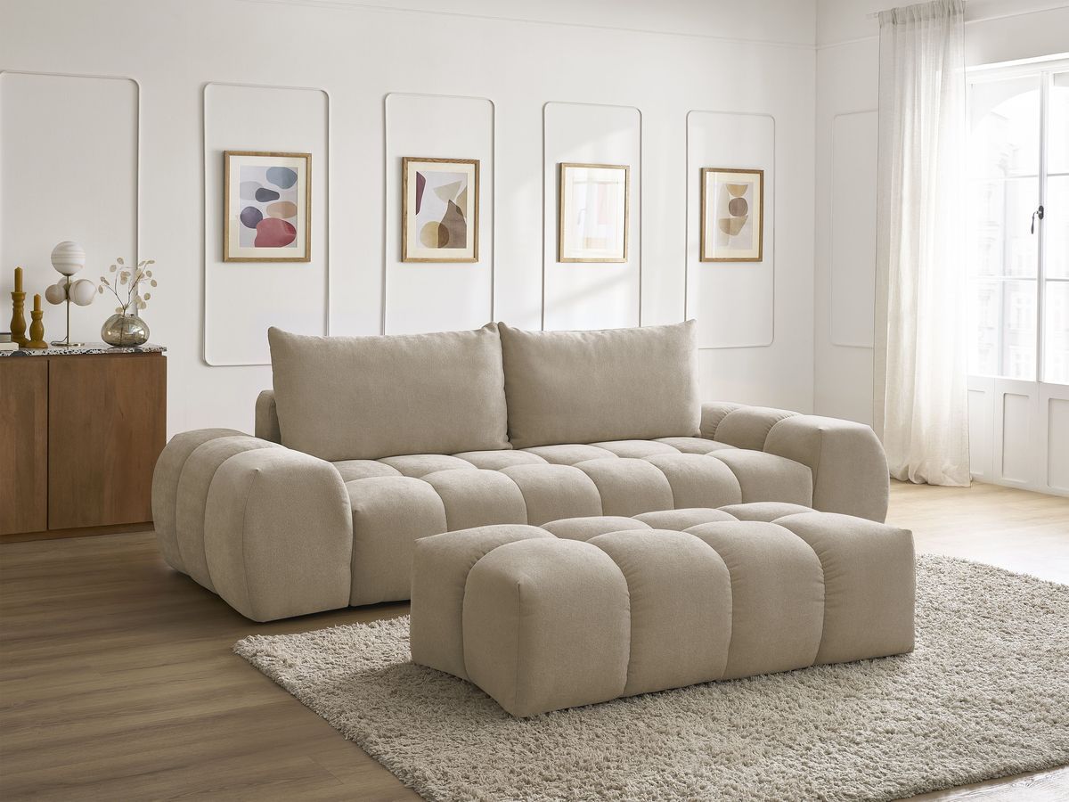 Bobochic Everest Schlafsofa 3-Sitzer mit Bettkasten und Pouf, 2 Kissen Strukturstoff Taupe
