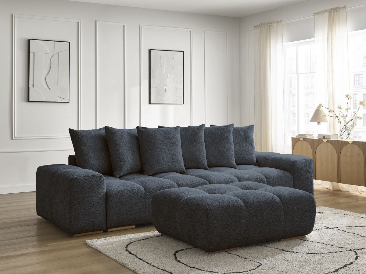 Bobochic Anakin Sofa 3-Sitzer mit Pouf, 6 Kissen Bouclé-Stoff Dunkelblau