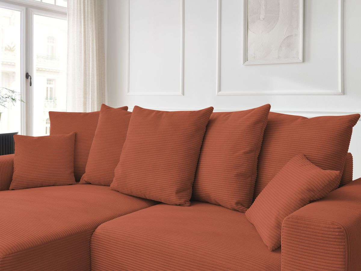Bobochic Atilla Ecksofa mit Schlaffunktion und Bettkasten Cordsamt Orange Ecke links