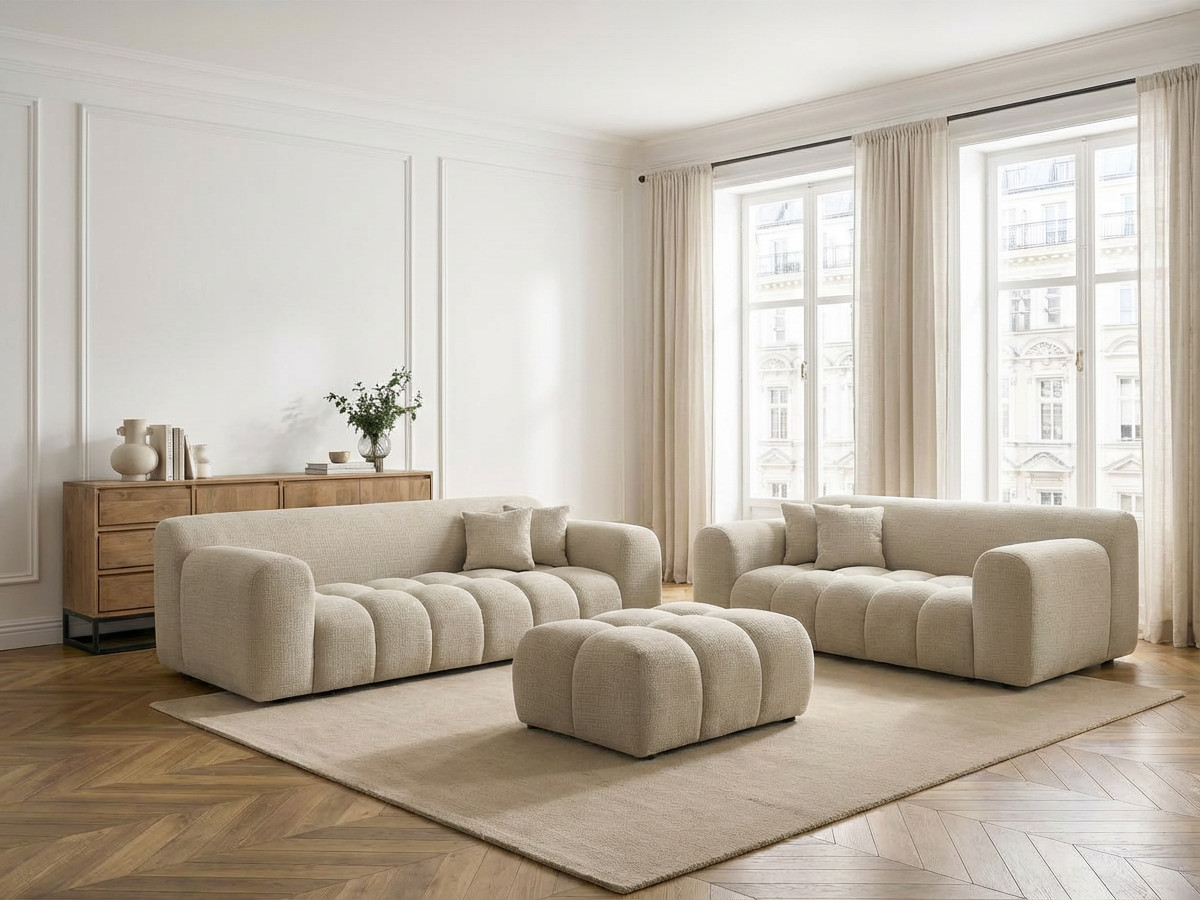 Bobochic Melisse Sofa 5-Sitzer mit Pouf Strukturstoff Beige