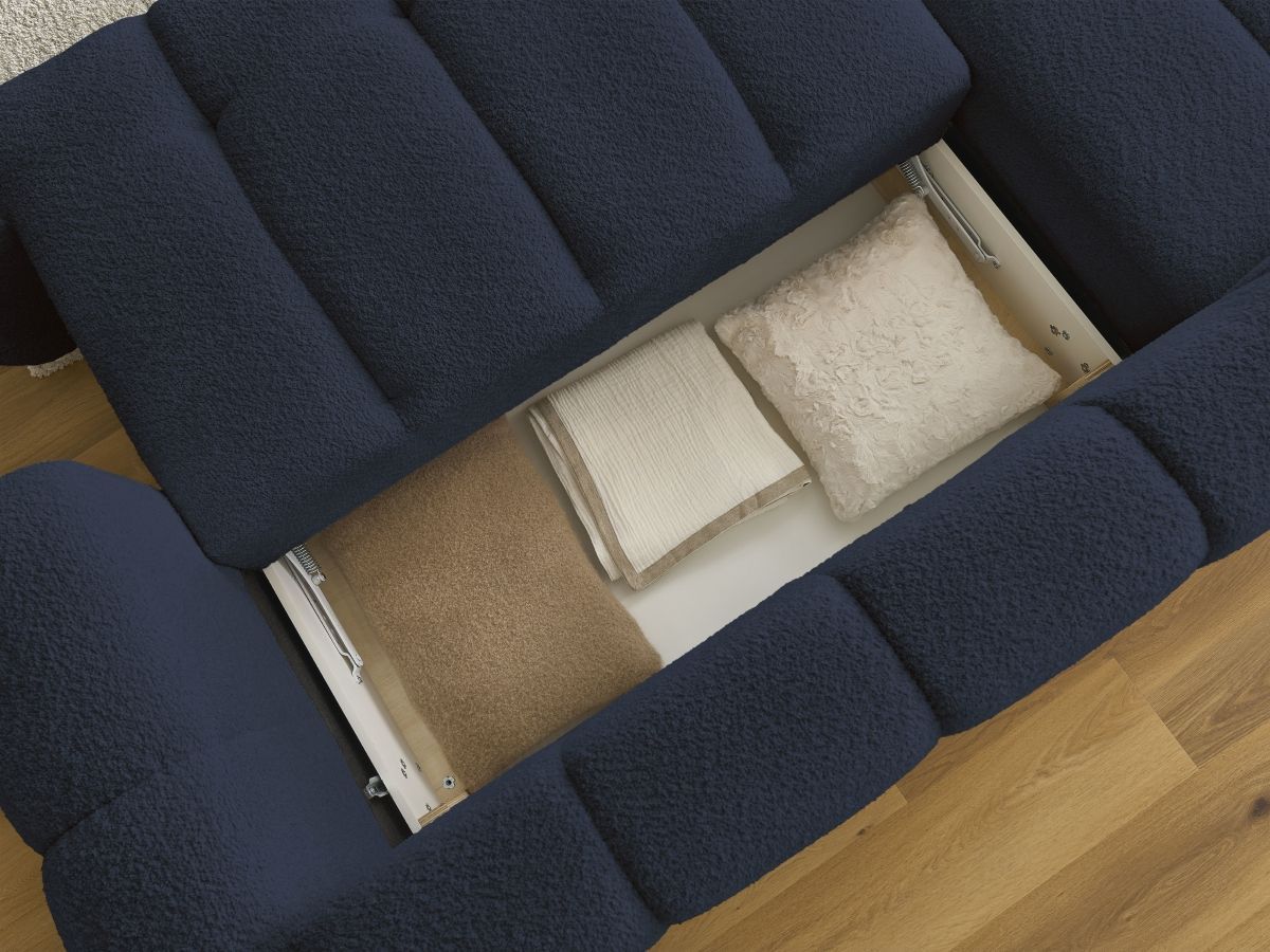 Bobochic Fuji Ecksofa mit Schlaffunktion und Bettkasten und Pouf 292 × 160 cm Bouclé-Stoff Dunkelblau Ecke links