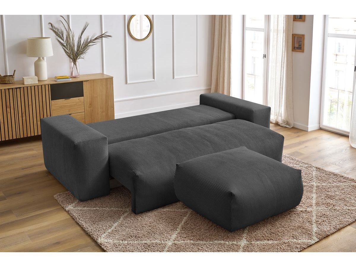 Bobochic Voltaire Schlafsofa 4-Sitzer mit Bettkasten und Pouf Cordsamt Dunkelgrau