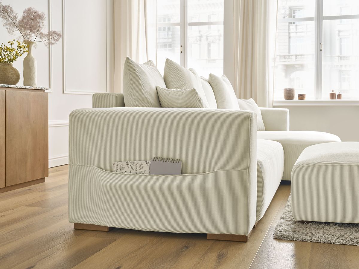 Bobochic Sidonie Ecksofa mit Schlaffunktion und Bettkasten und Pouf Cordsamt Beige