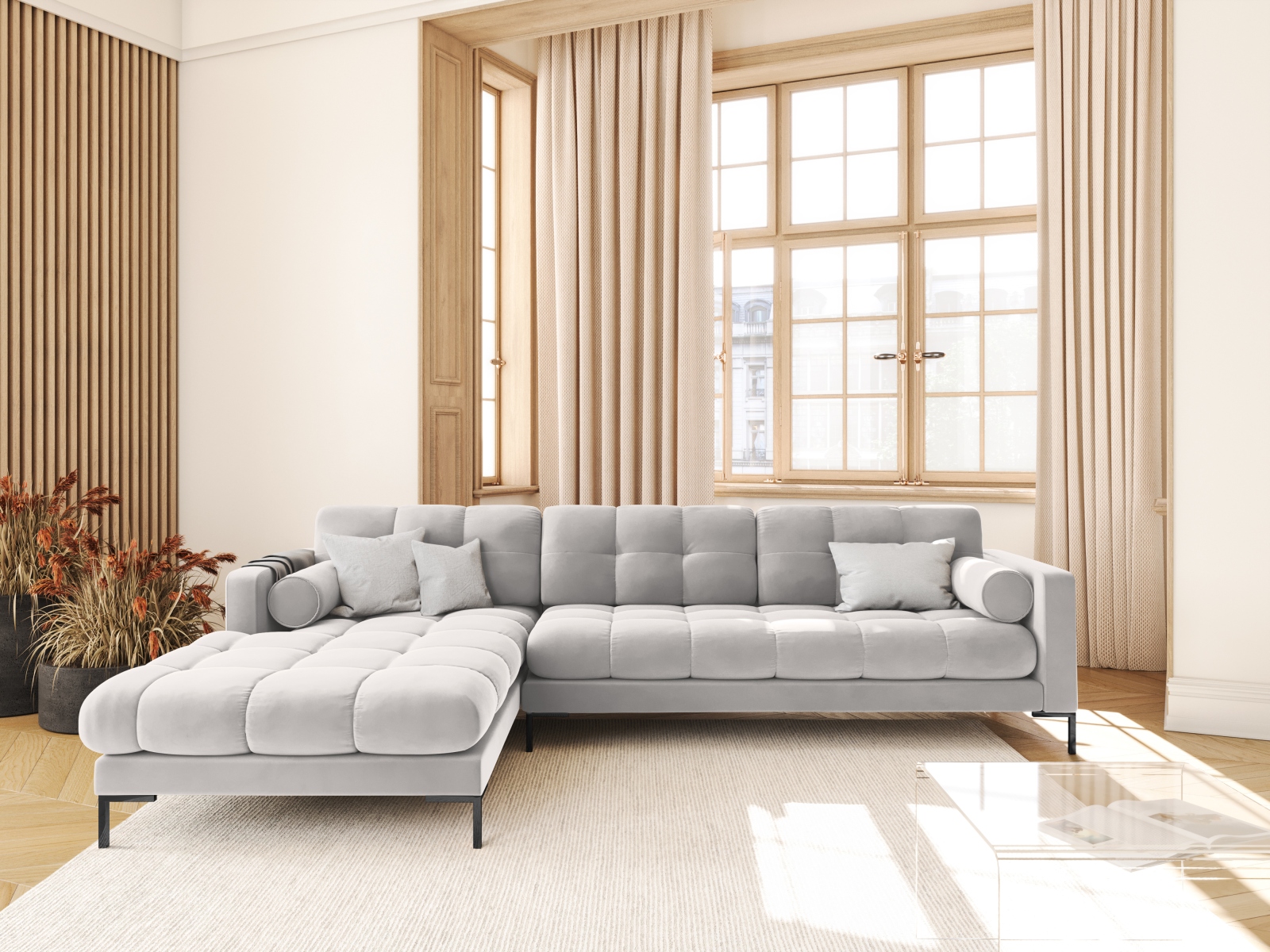 Cosmopolitan Design Ecksofa Bali 5-Sitzer Samt Bluvel Silber Links Beine Schwarzes Metall