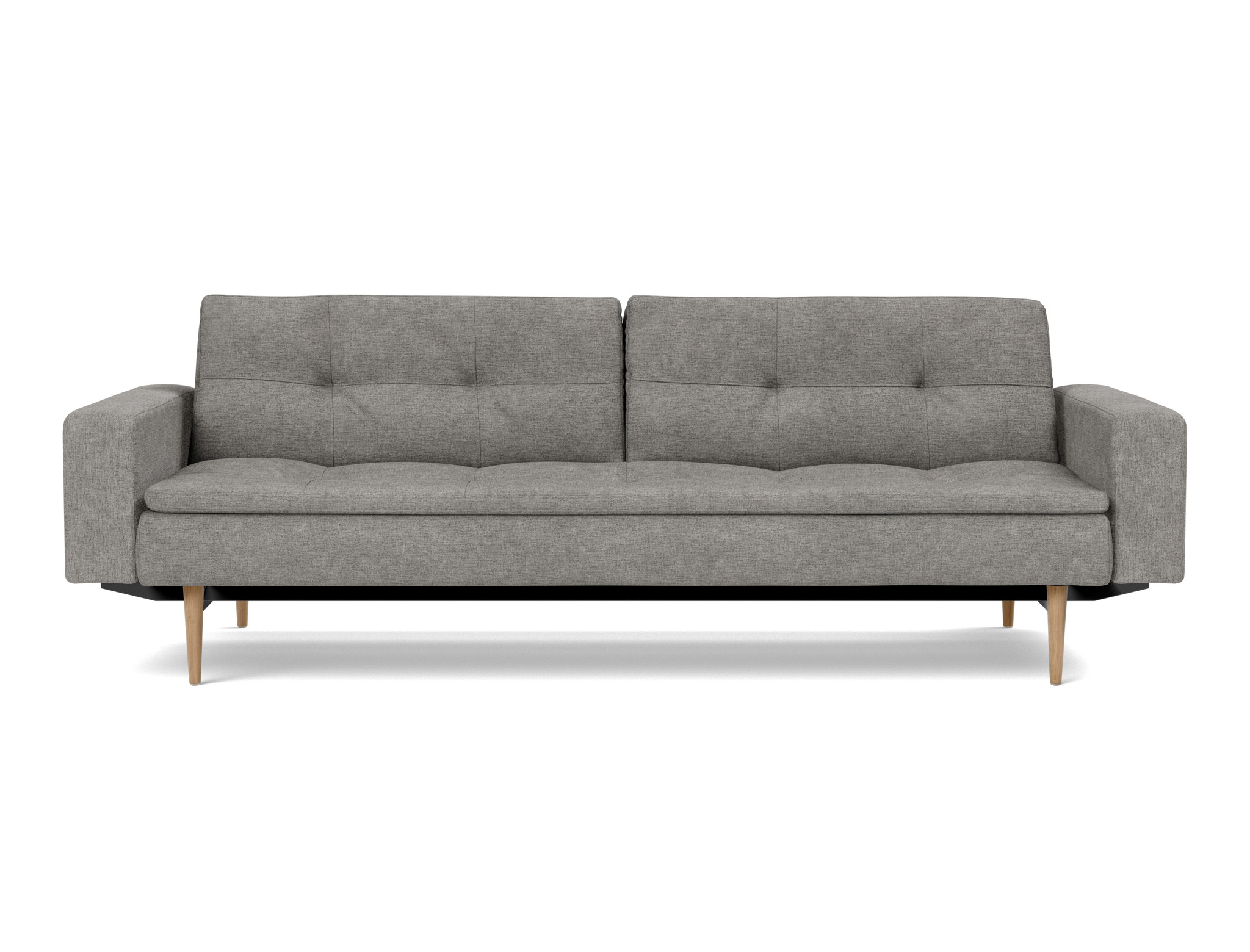 Schlafsofa Dublexo mit Armlehnen Flachgewebe Avella 282-Warm-Grey Beine Styletto Eiche hell