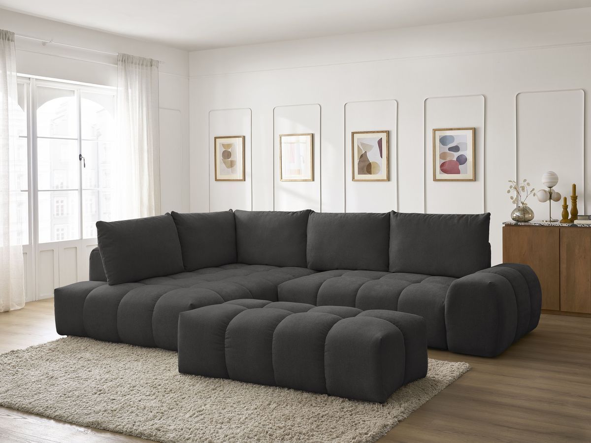 Bobochic Everest Ecksofa mit Schlaffunktion und Bettkasten und Pouf 320 × 212 cm, 5 Kissen Strukturstoff Schwarz Ecke links