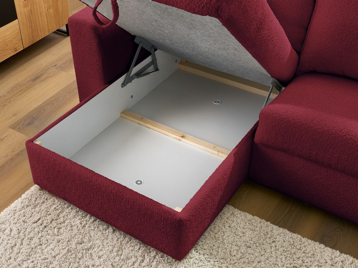 Bobochic Augustin Ecksofa mit Schlaffunktion und Bettkasten Bouclé-Stoff Rot, Liegefläche 140 × 200 cm
