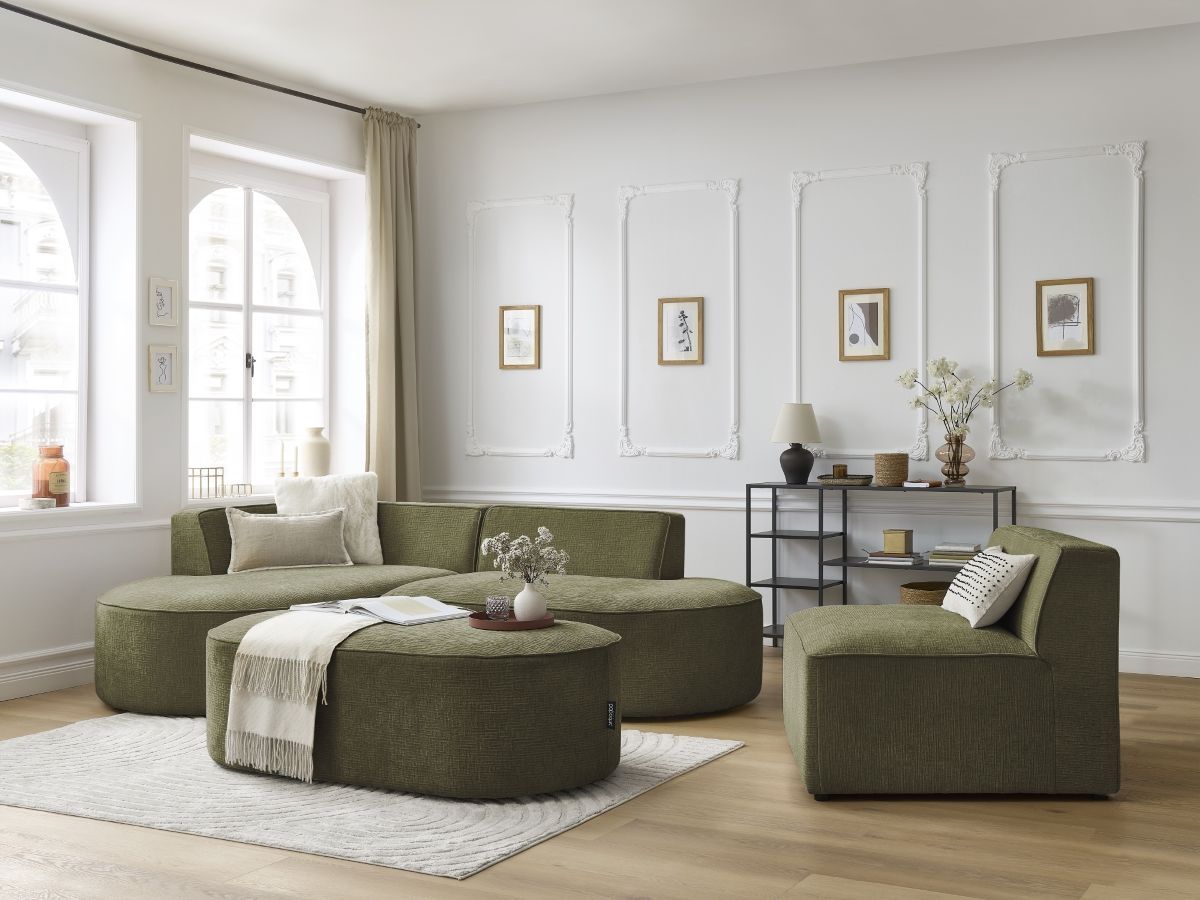 Bobochic Rousseau Ecksofa mit Sofamodul und Pouf Strukturstoff Grün Ecke links
