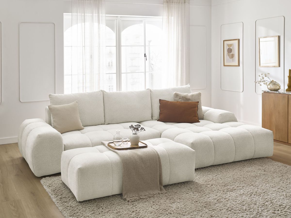 Bobochic Everest Ecksofa mit Schlaffunktion und Bettkasten und Pouf 318 × 180 cm, 3 Kissen Melange-Stoff Weiß Ecke rechts