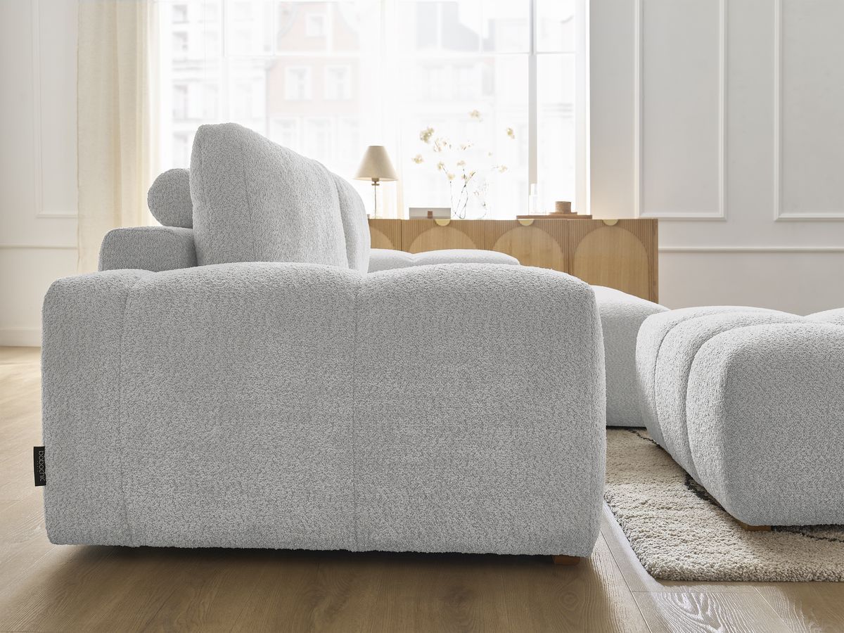 Bobochic Anakin Ecksofa mit Schlaffunktion und Bettkasten und Pouf, 2 Kissen Bouclé-Stoff Hellgrau