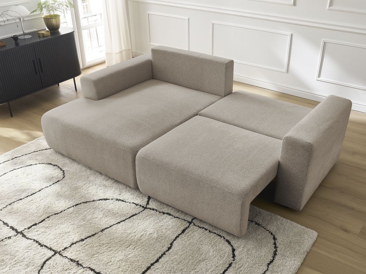 Bobochic Atilla Ecksofa mit Schlaffunktion und Bettkasten Melange-Stoff Taupe Ecke links