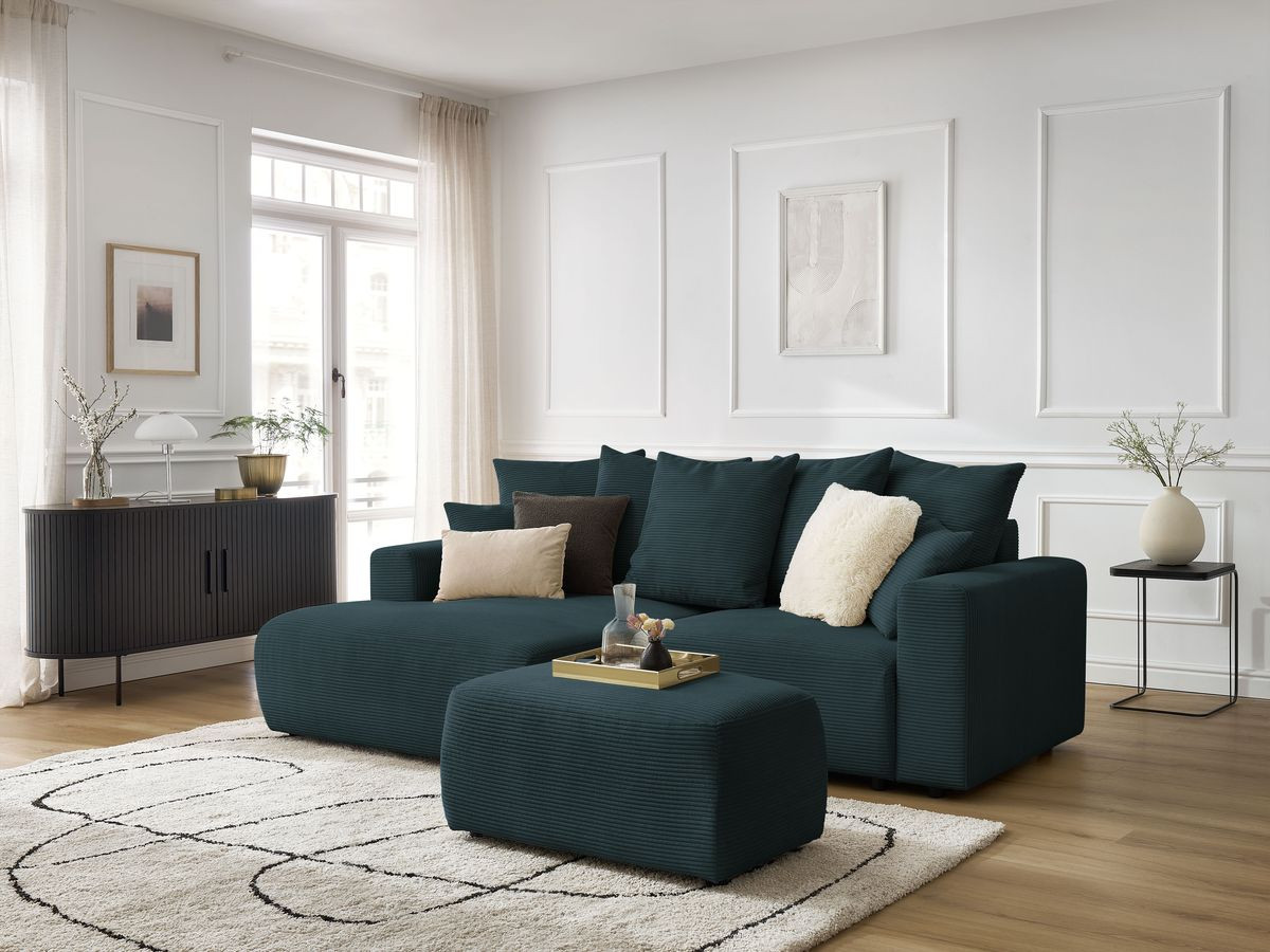 Bobochic Atilla Ecksofa mit Schlaffunktion und Bettkasten und Pouf Cordsamt Dunkelblau Ecke links