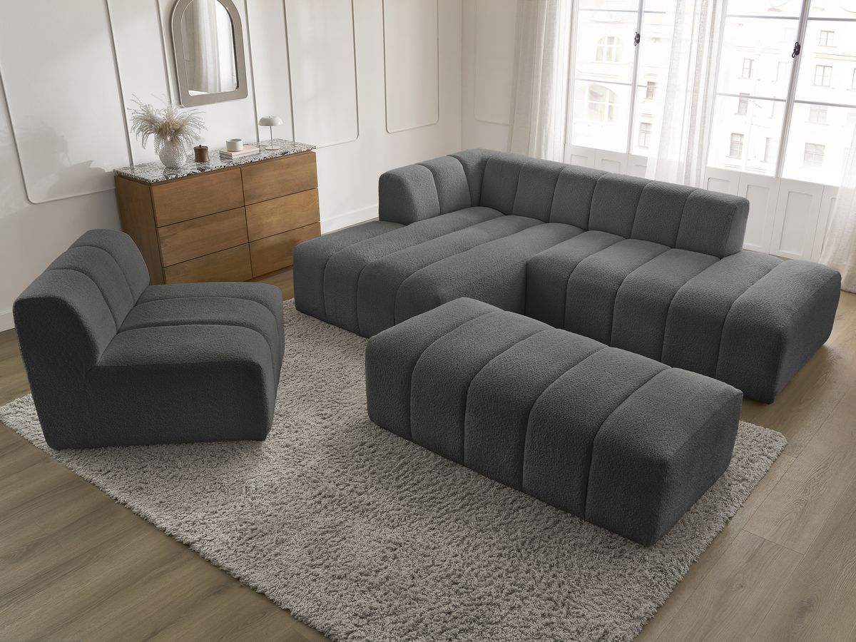 Bobochic Annecy Ecksofa mit Sofamodul und Pouf Bouclé-Stoff Dunkelgrau Ecke links