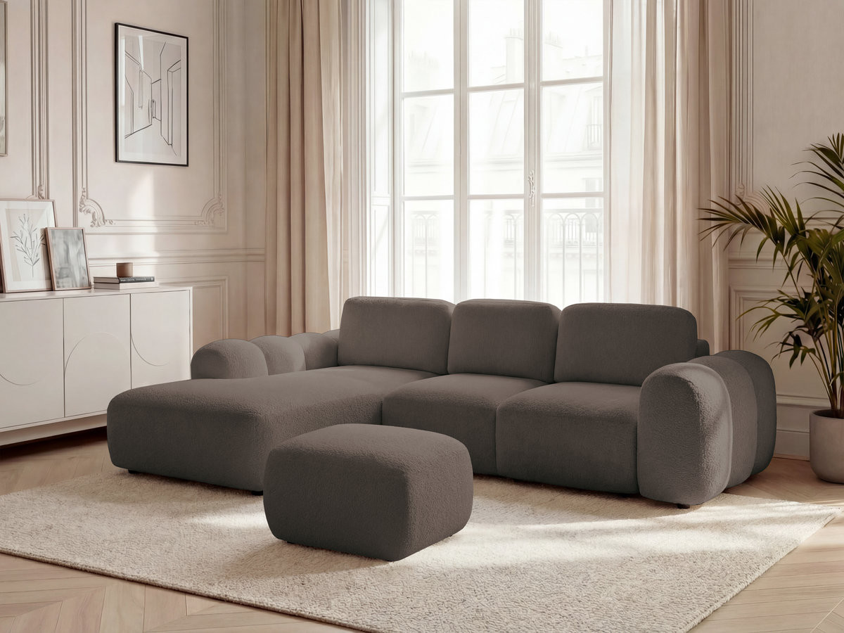 Bobochic Montaigne Ecksofa mit Schlaffunktion und Bettkasten und Pouf 288 × 196 cm Bouclé-Stoff Braun Ecke links
