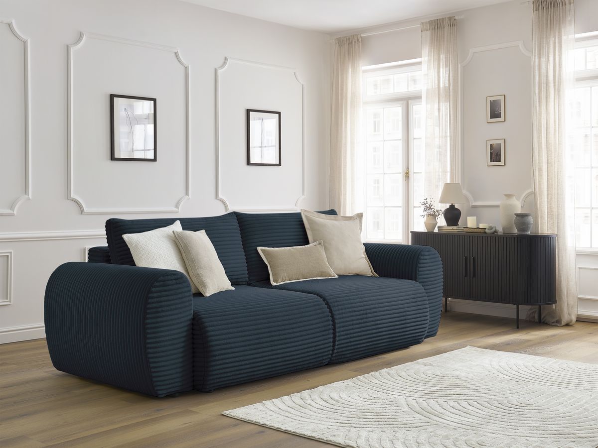 Bobochic Lucien Schlafsofa 3-Sitzer mit Bettkasten Breitcord weich Dunkelblau