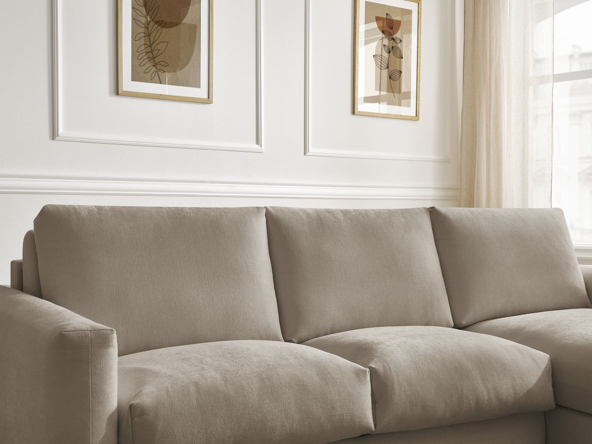 Bobochic Cocoone Ecksofa mit Schlaffunktion und Bettkasten Stoff Taupe, Liegefläche 140 × 200 cm