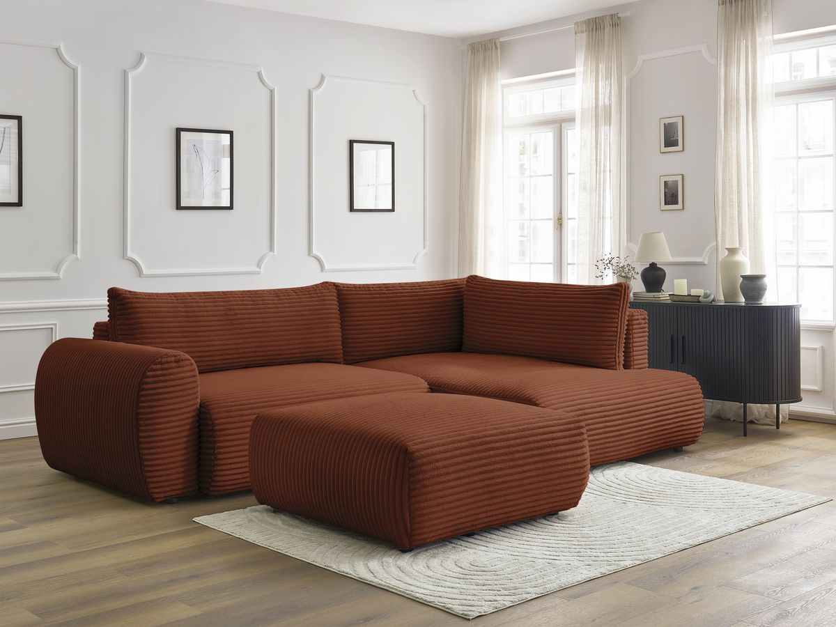 Bobochic Lucien Ecksofa mit Schlaffunktion und Bettkasten und Pouf 296 × 198 cm Breitcord weich Orange Ecke rechts
