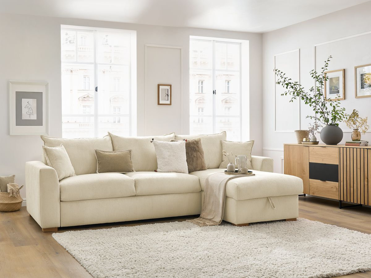 Bobochic Augustin Ecksofa mit Schlaffunktion und Bettkasten Cordsamt Beige, Liegefläche 140 × 200 cm