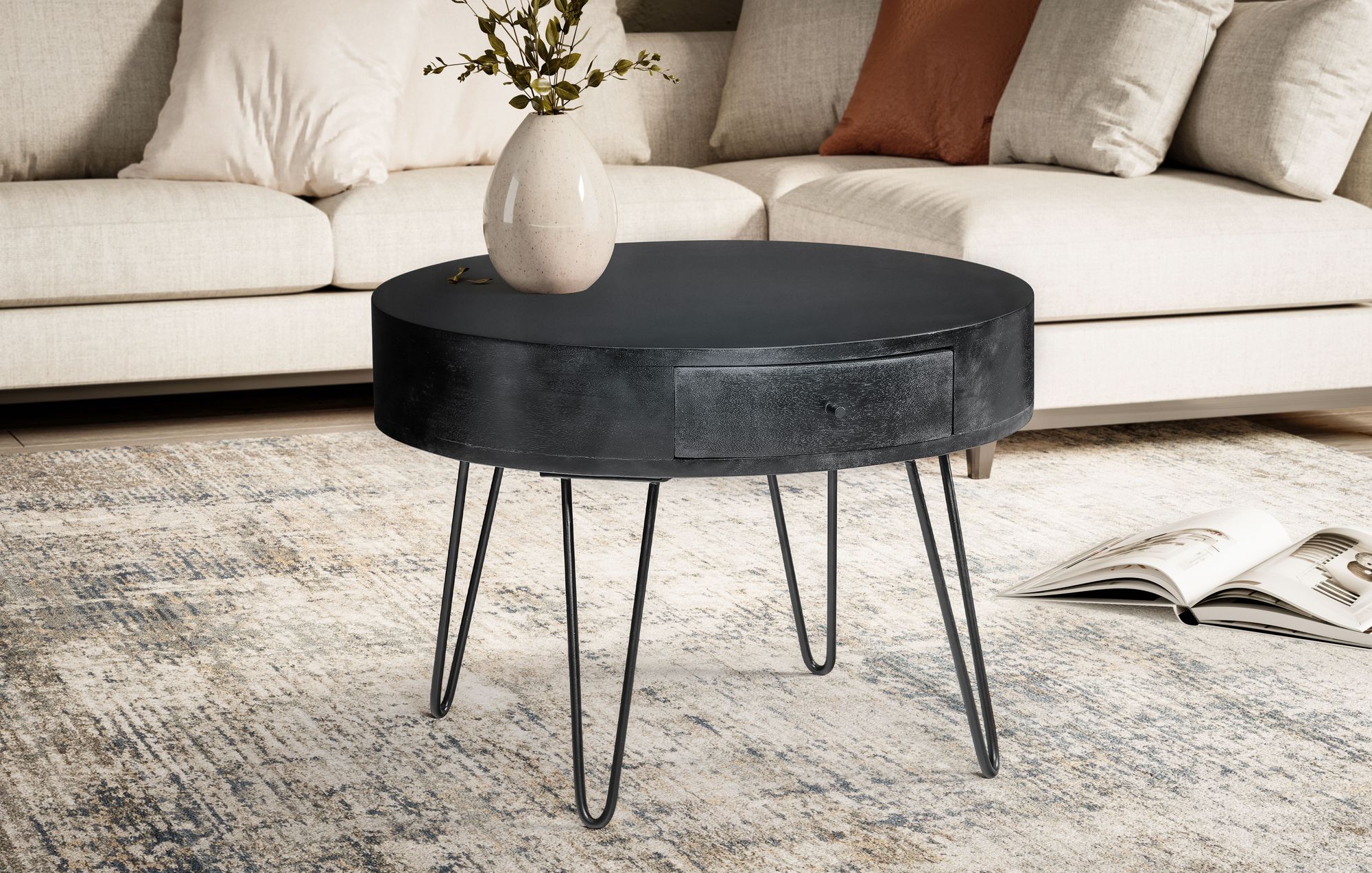 Couchtisch Eggkleiva Mango Massivholz Schwarz Ø 60 cm