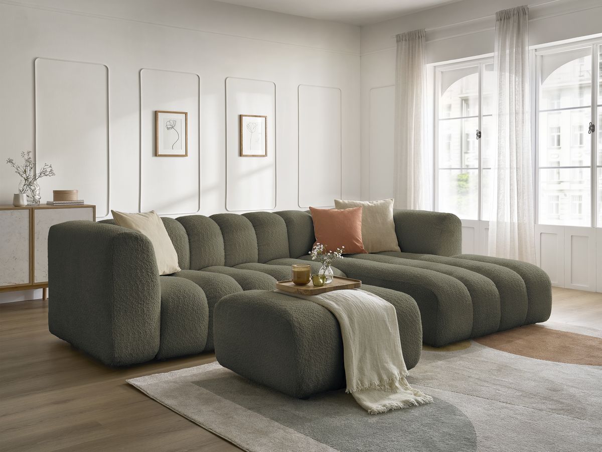 Bobochic Talia Ecksofa mit Pouf Bouclé-Stoff Grün Ecke rechts