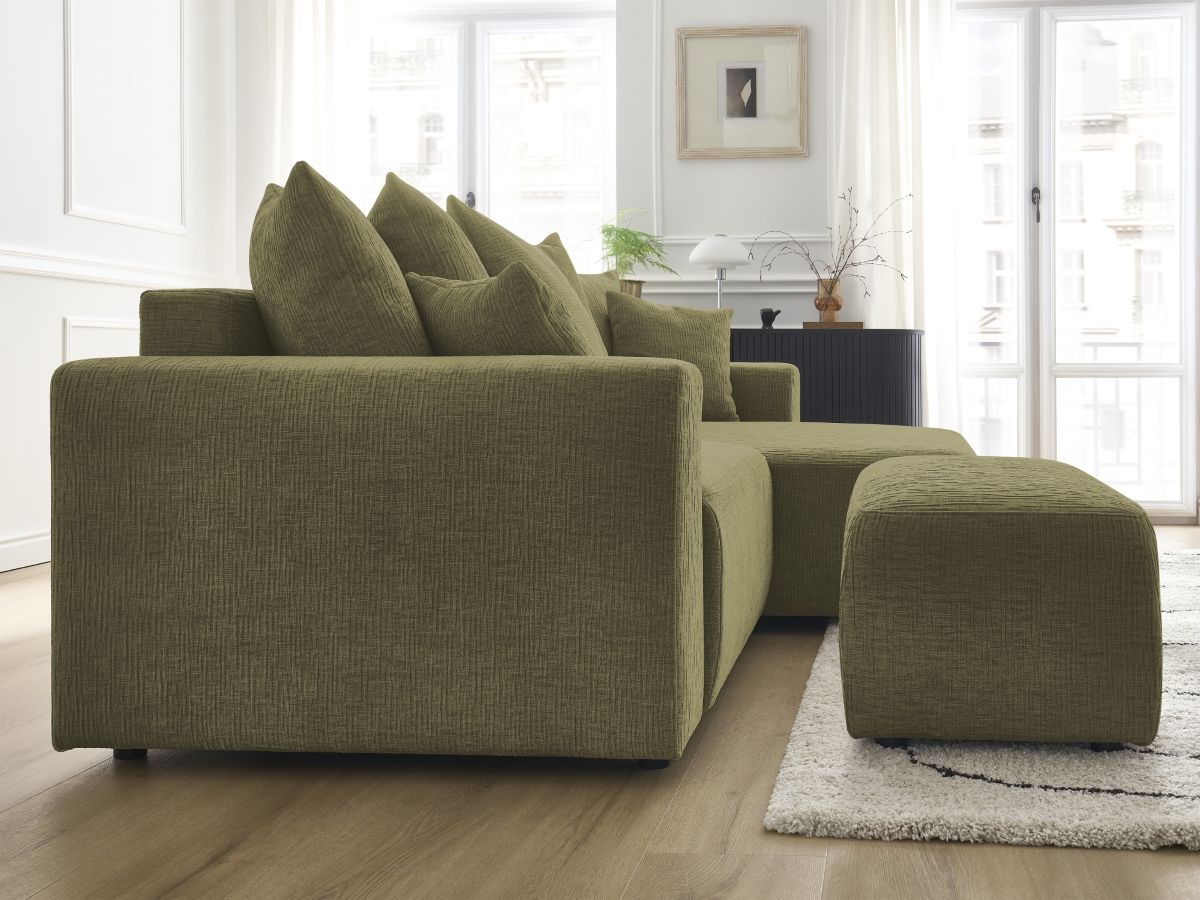 Bobochic Atilla Ecksofa mit Schlaffunktion und Bettkasten und Pouf Strukturstoff Grün Ecke rechts