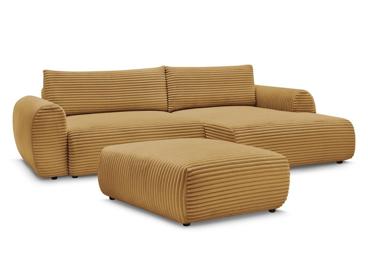 Bobochic Lucien Ecksofa mit Schlaffunktion und Bettkasten und Pouf 314 × 167 cm Breitcord weich Gelb Ecke rechts