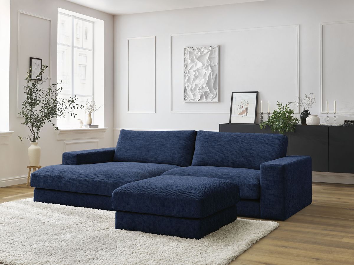 Bobochic Leonard Ecksofa mit Pouf 274 × 159 cm Strukturstoff Dunkelblau Ecke links