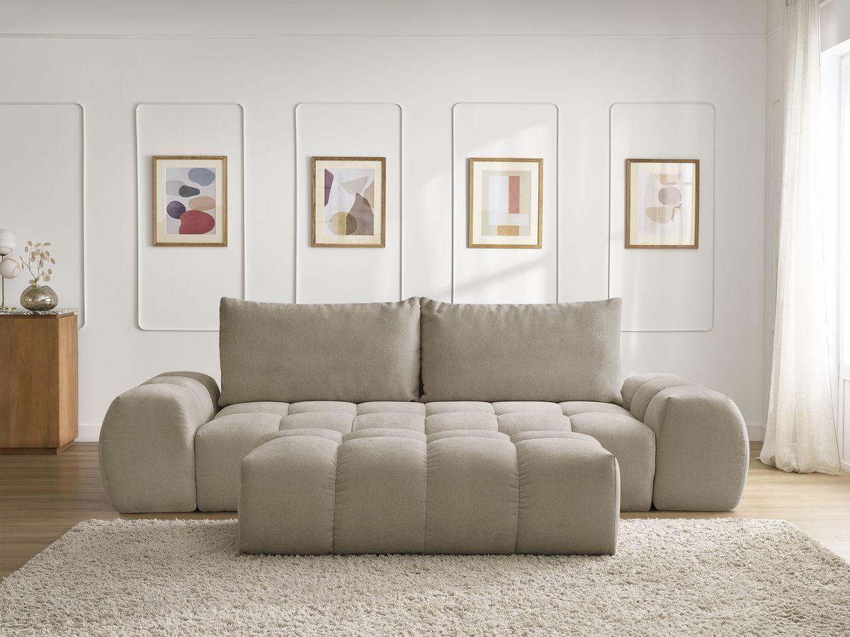 Bobochic Everest Schlafsofa 3-Sitzer mit Bettkasten und Pouf, 2 Kissen Strukturstoff Taupe