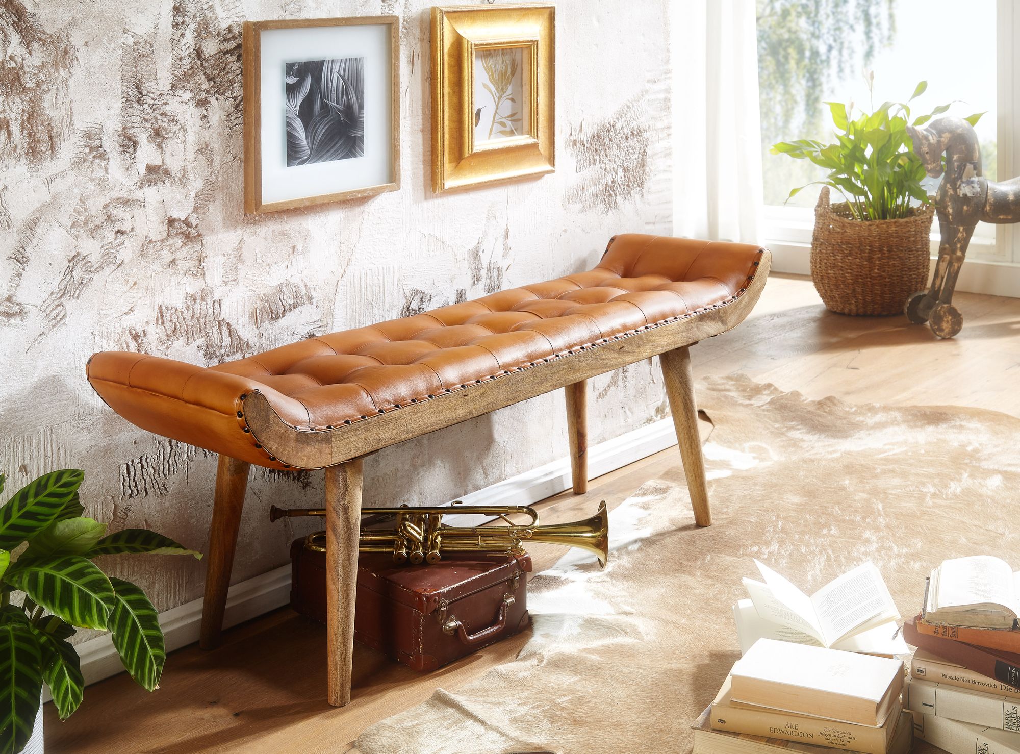 Sitzbank Hnausar Echtleder Braun 125 × 38 × 50 cm