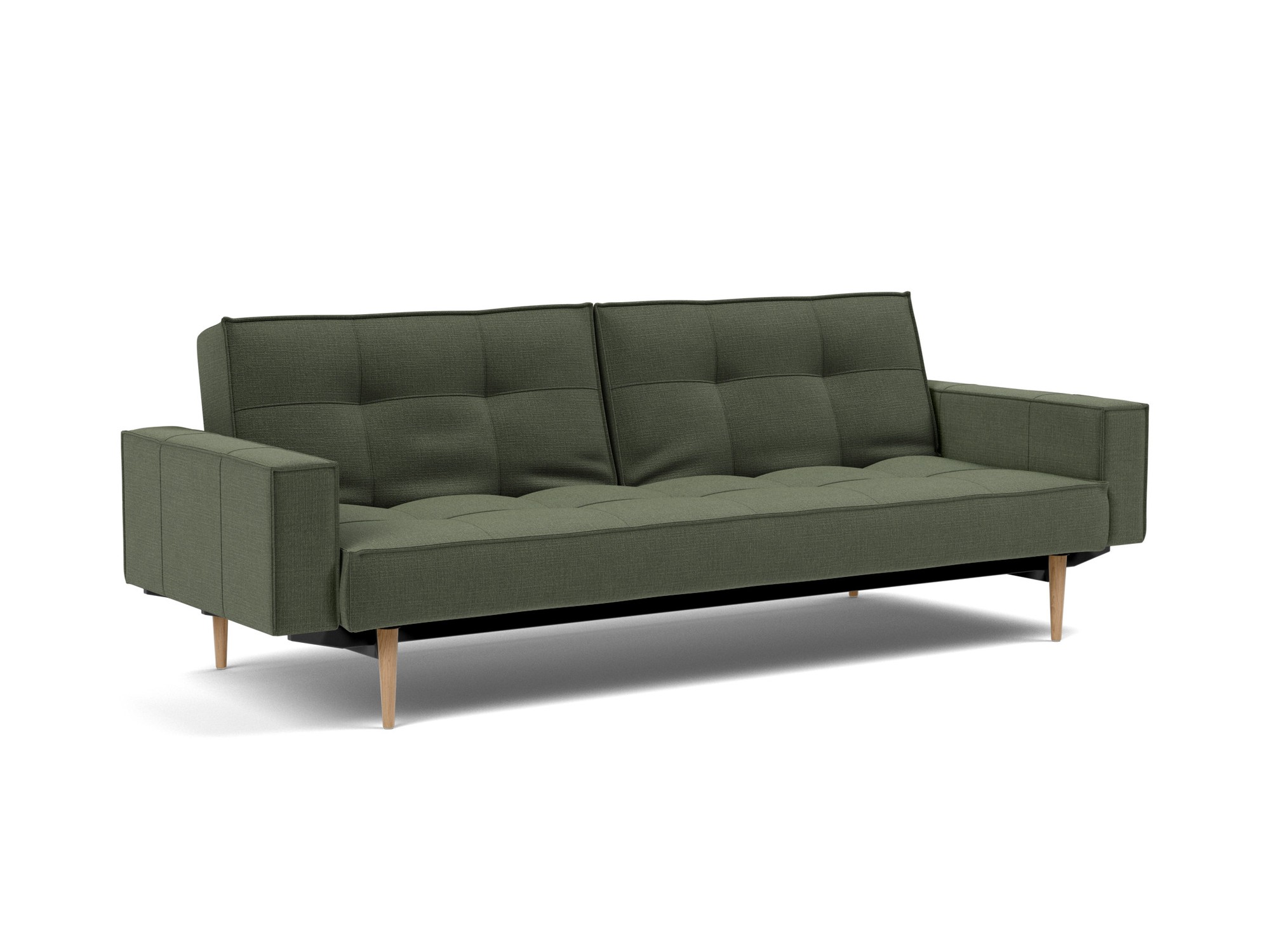 Schlafsofa Splitback mit Armlehnen Chenille Esina 413-Olive-Green Beine Styletto Eiche hell