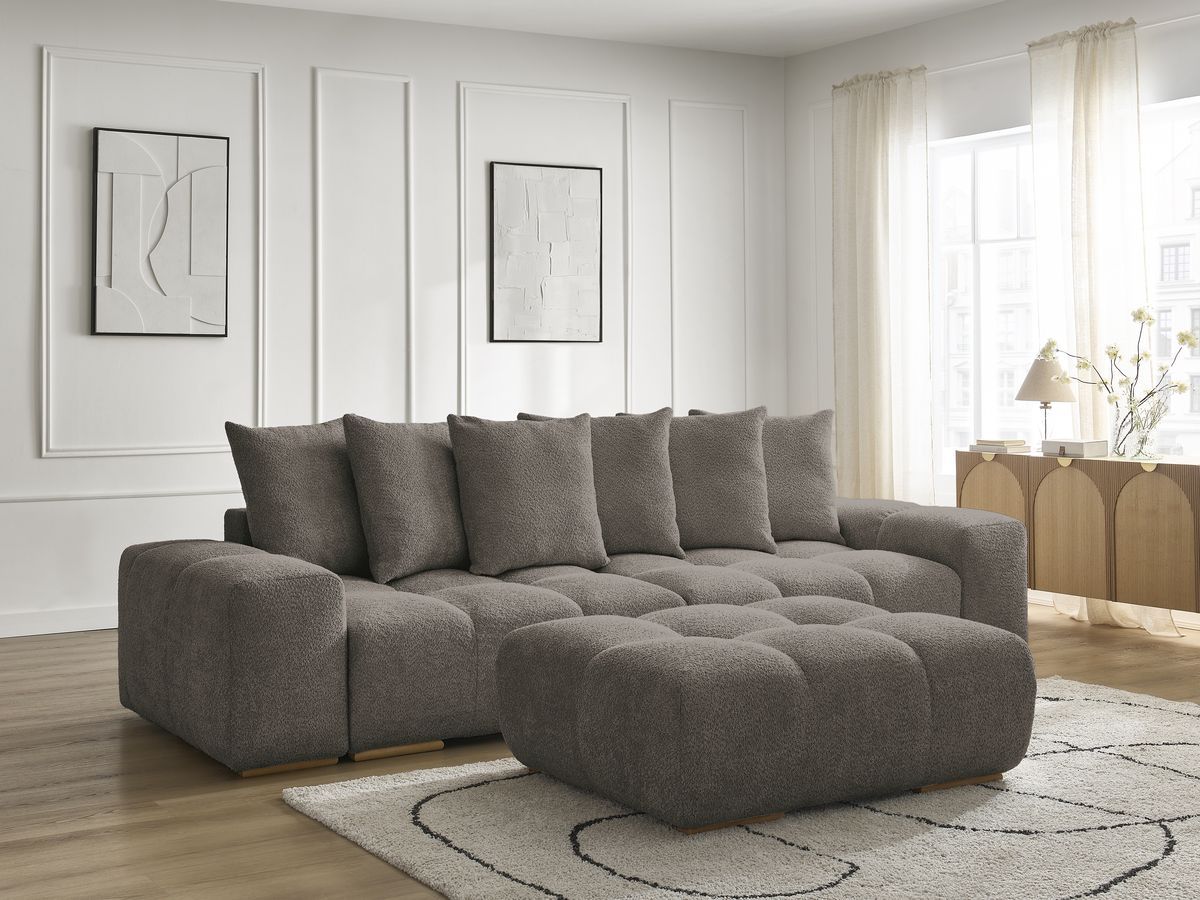 Bobochic Anakin Sofa 3-Sitzer mit Pouf, 6 Kissen Bouclé-Stoff Braun