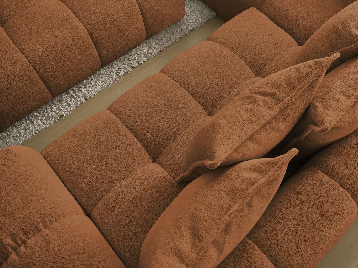 Bobochic Everest Ecksofa mit Schlaffunktion und Bettkasten und Pouf 320 × 212 cm, 10 Kissen Melange-Stoff Orange Ecke links