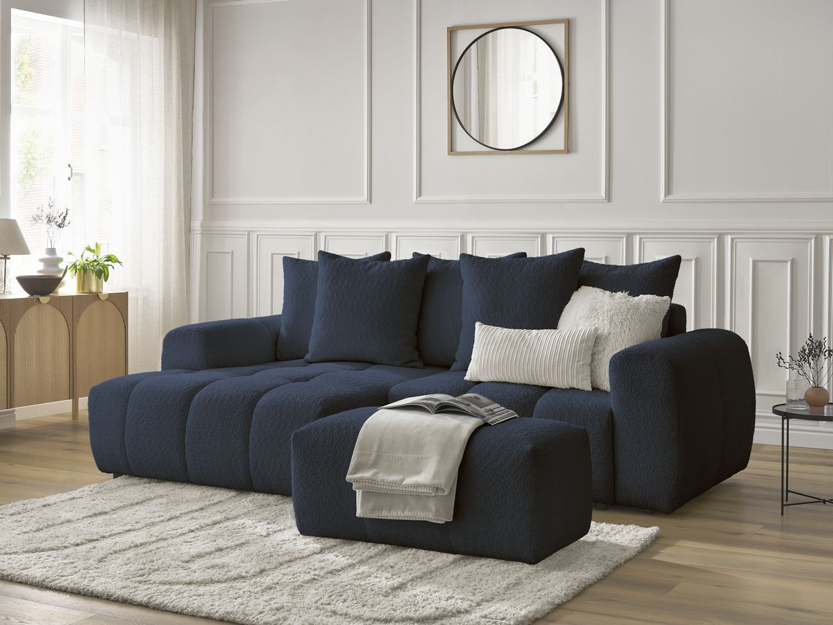 Bobochic Roxelane Ecksofa mit Schlaffunktion und Bettkasten und Pouf 258 × 150 cm Bouclé-Stoff Dunkelblau Ecke rechts