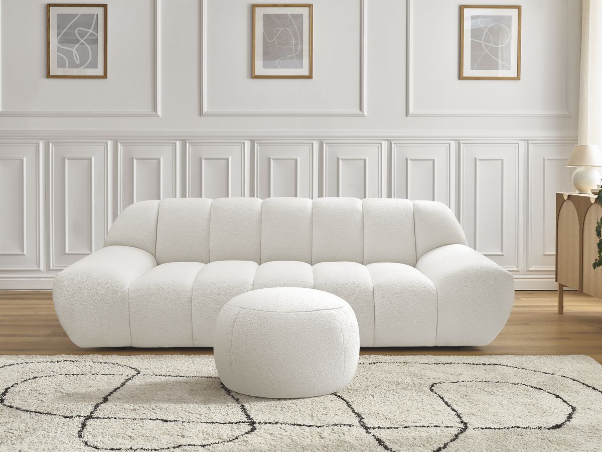 Bobochic Hayden Sofa 3-Sitzer mit Pouf 226 × 107 cm Bouclé-Stoff Weiß