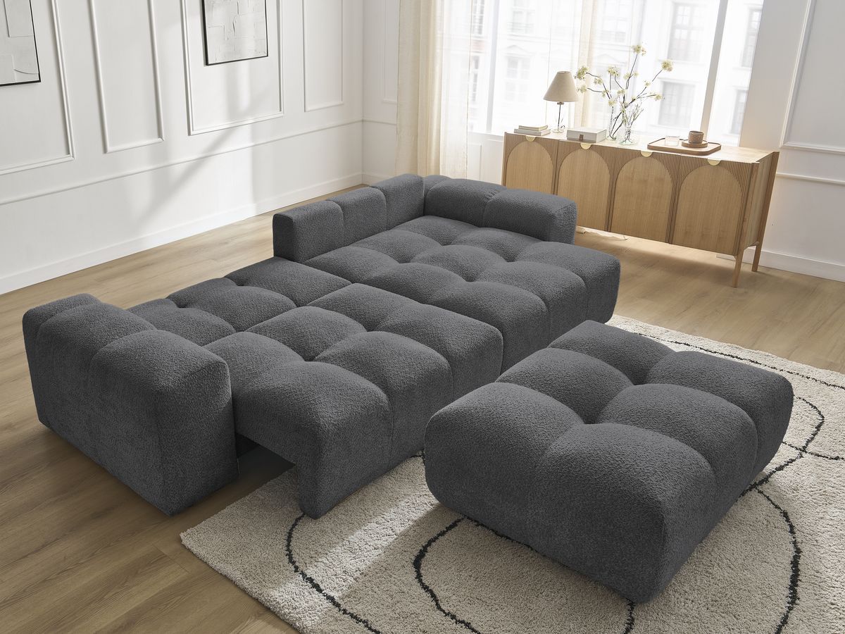 Bobochic Anakin Ecksofa mit Schlaffunktion und Bettkasten und Pouf, 2 Kissen Bouclé-Stoff Dunkelgrau