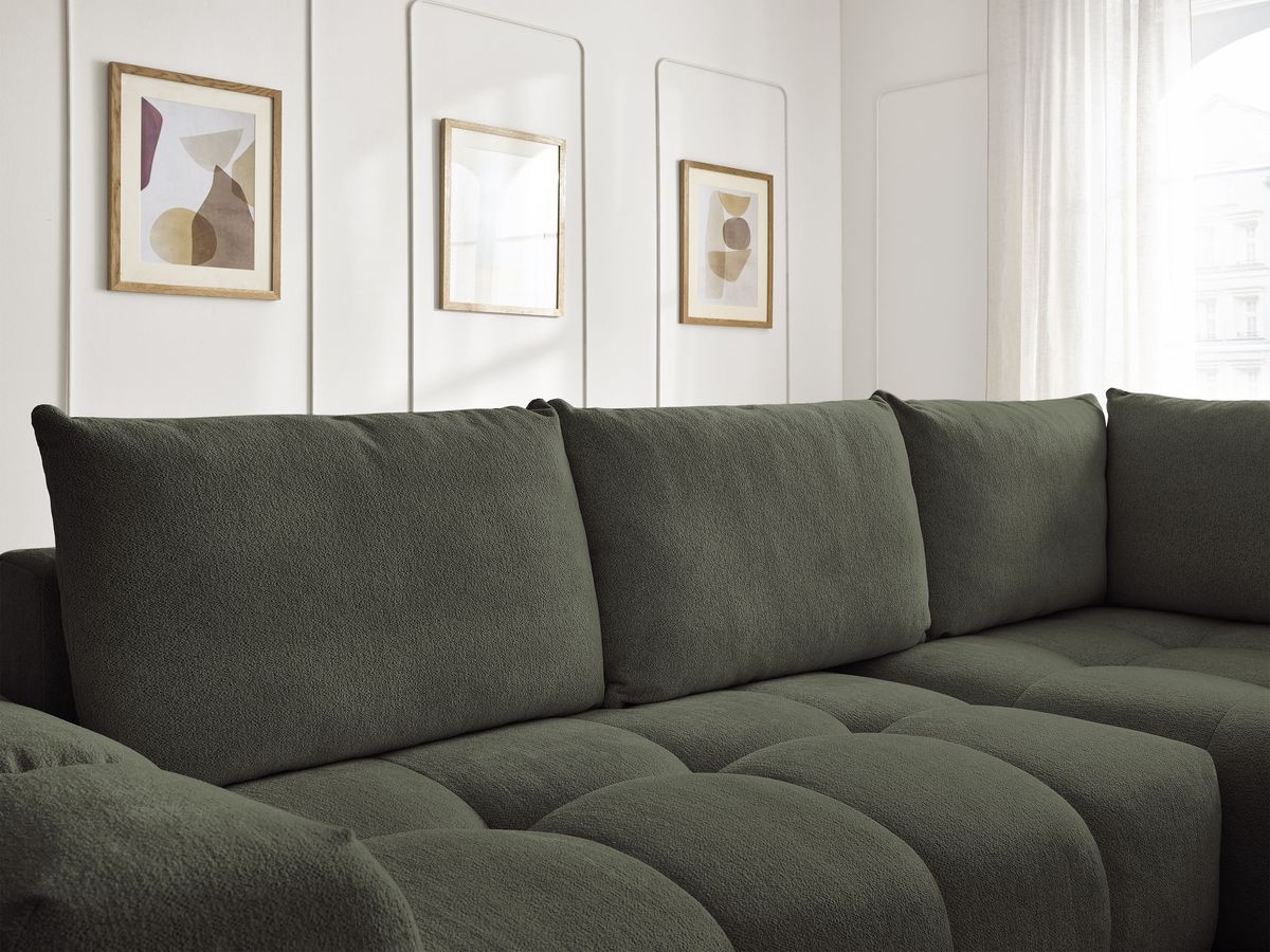 Bobochic Everest Ecksofa mit Schlaffunktion und Bettkasten 320 × 212 cm, 5 Kissen Melange-Stoff Grün Ecke rechts