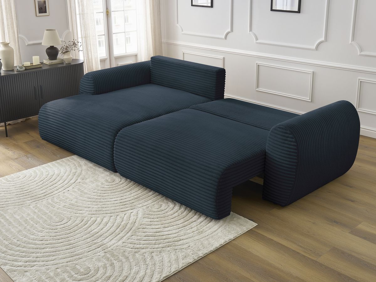 Bobochic Lucien Ecksofa mit Schlaffunktion und Bettkasten 314 × 167 cm Breitcord weich Dunkelblau Ecke links