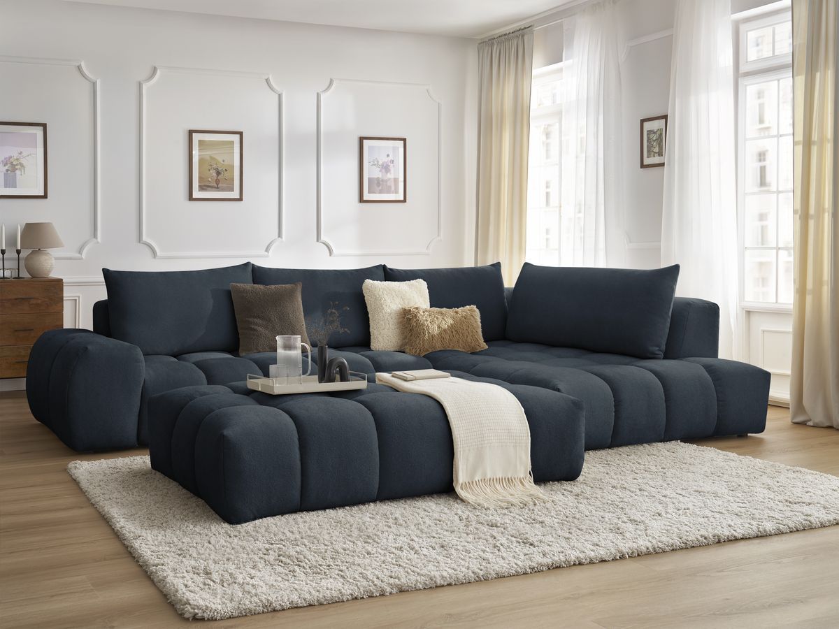 Bobochic Everest Ecksofa mit Schlaffunktion und Pouf, 4 Kissen Strukturstoff Dunkelblau Ecke rechts