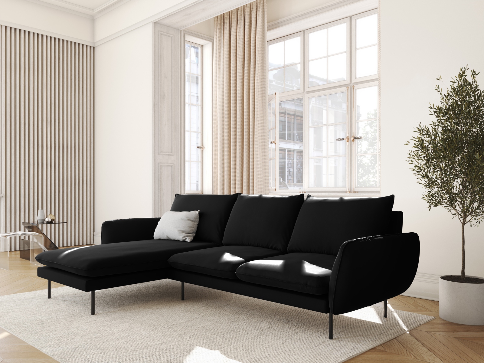 Cosmopolitan Design Ecksofa Vienna 5-Sitzer Samt Bluvel Schwarz Links Beine Schwarzes Metall