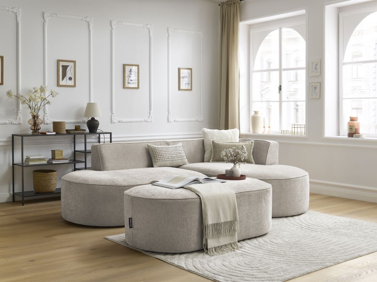 Bobochic Rousseau Ecksofa mit Pouf Strukturstoff Beige Ecke rechts