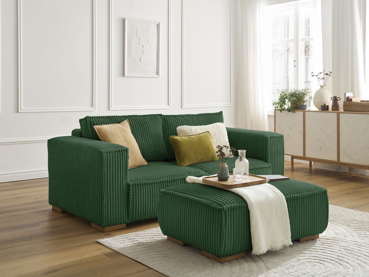 Bobochic Chelsea Sofa 3-Sitzer mit Pouf Breitcord weich Grün
