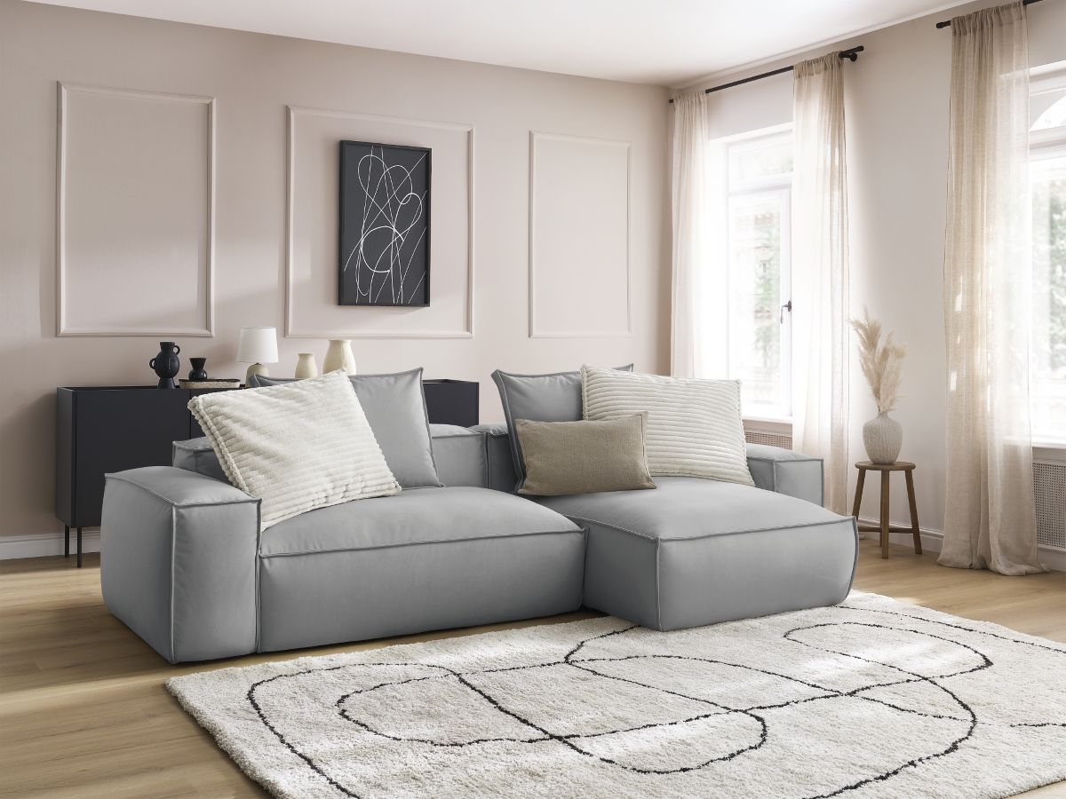 Bobochic Boheme Ecksofa, 3 Kissen Kunstleder Hellgrau