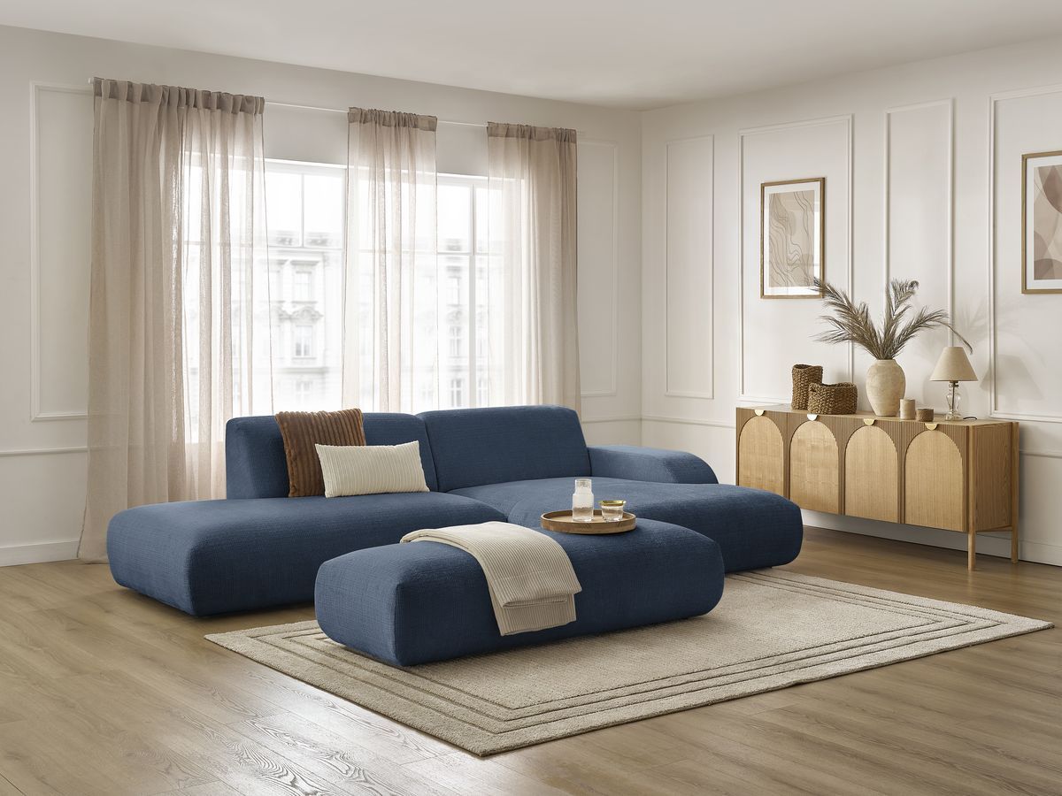 Bobochic Sirius Ecksofa mit Pouf 300 × 170 cm Strukturstoff Dunkelblau Ecke rechts