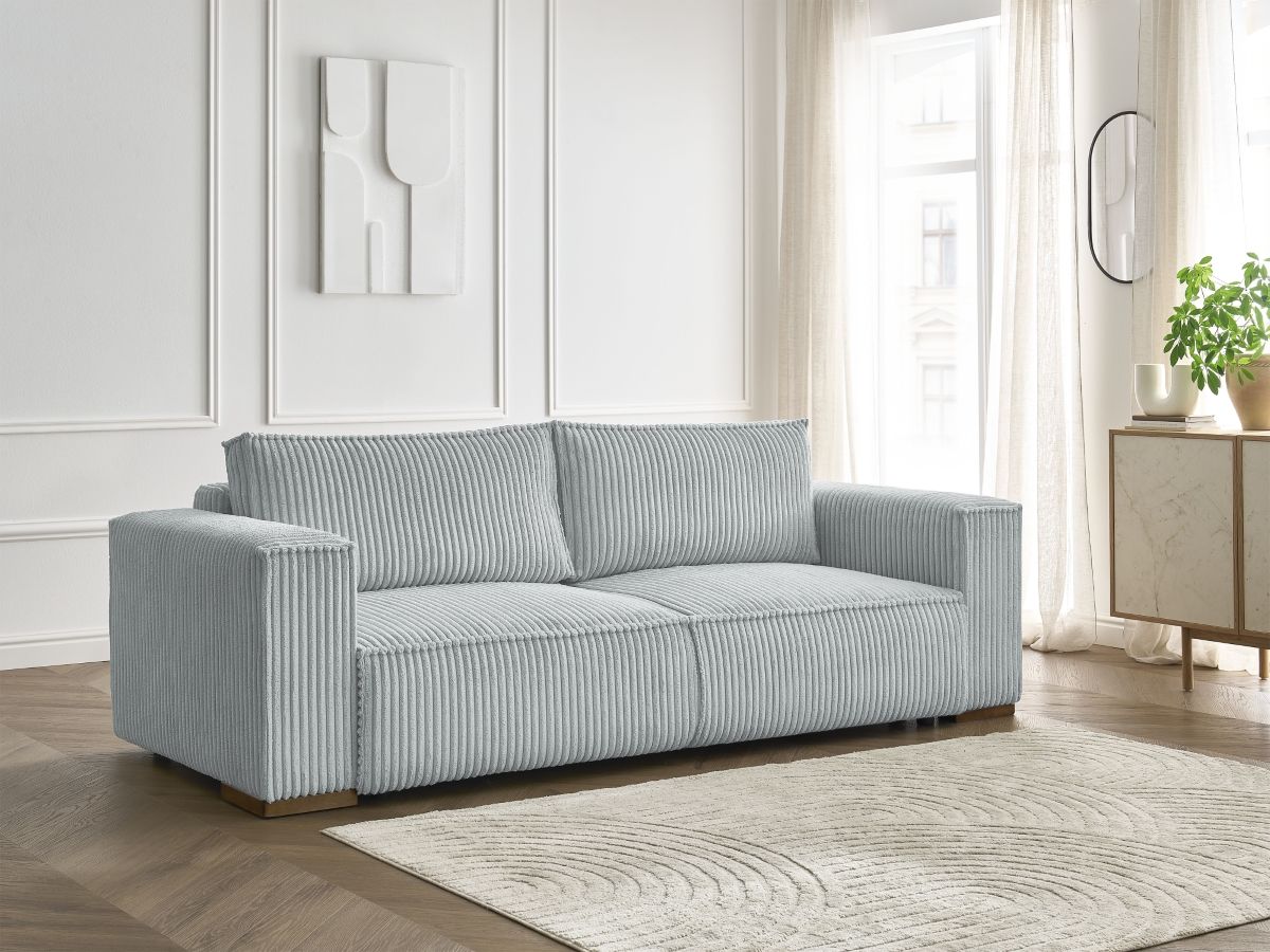 Bobochic Chelsea Schlafsofa 3-Sitzer mit Bettkasten Breitcord weich Hellgrau