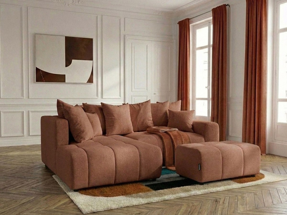 Bobochic Roxelane Ecksofa mit Schlaffunktion und Bettkasten und Pouf Melange-Stoff Orange Ecke links