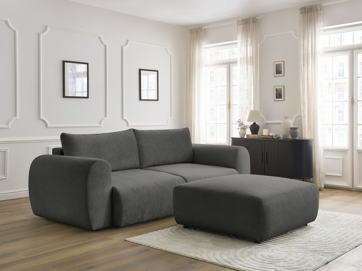 Bobochic Lucien Schlafsofa 4-Sitzer mit Bettkasten und Pouf Stoff Dunkelgrau