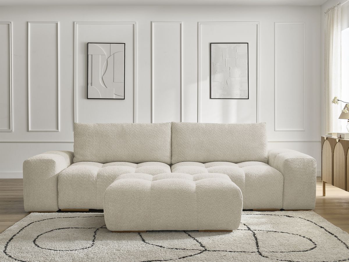 Bobochic Anakin Schlafsofa 3-Sitzer mit Bettkasten und Pouf, 2 Kissen Bouclé-Stoff Beige