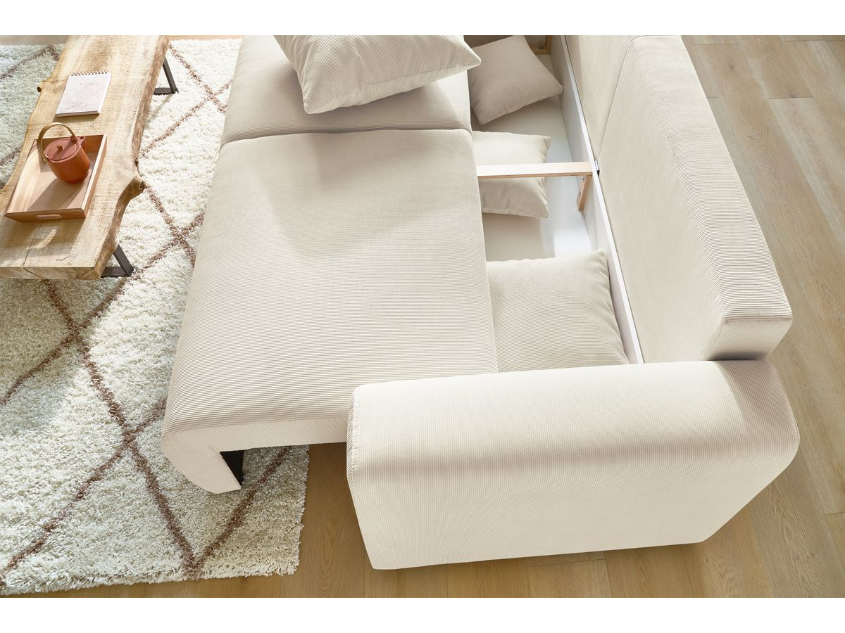 Bobochic Envy Schlafsofa 3-Sitzer mit Bettkasten und Pouf Cordsamt Beige