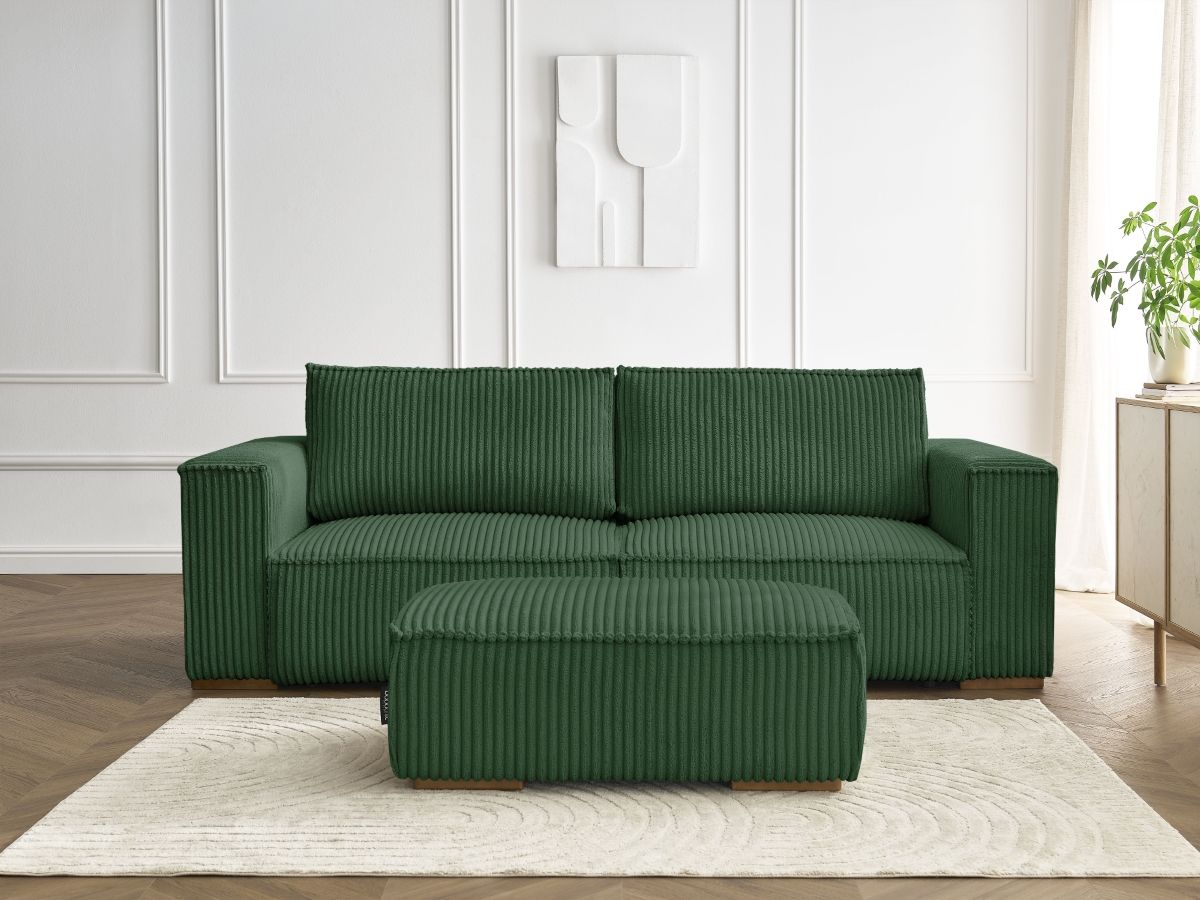 Bobochic Chelsea Schlafsofa 4-Sitzer mit Bettkasten und Pouf Breitcord weich Grün
